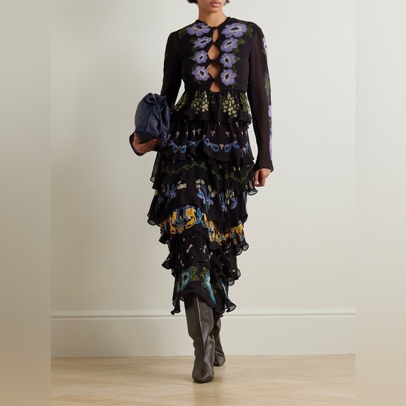 FARM Rio Dresses & Skirts - NWT Farm Rio Ruffled Tiered Printed Georgette Midi Dress Black and Purple